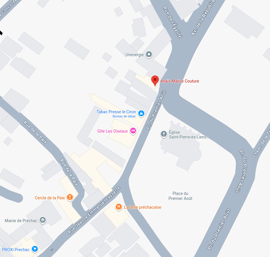 Plan de Préchac : l'atelier Anaïs Malice Couture, place du Premier Août, face à l'église Saint-Pierre-ès-Liens
